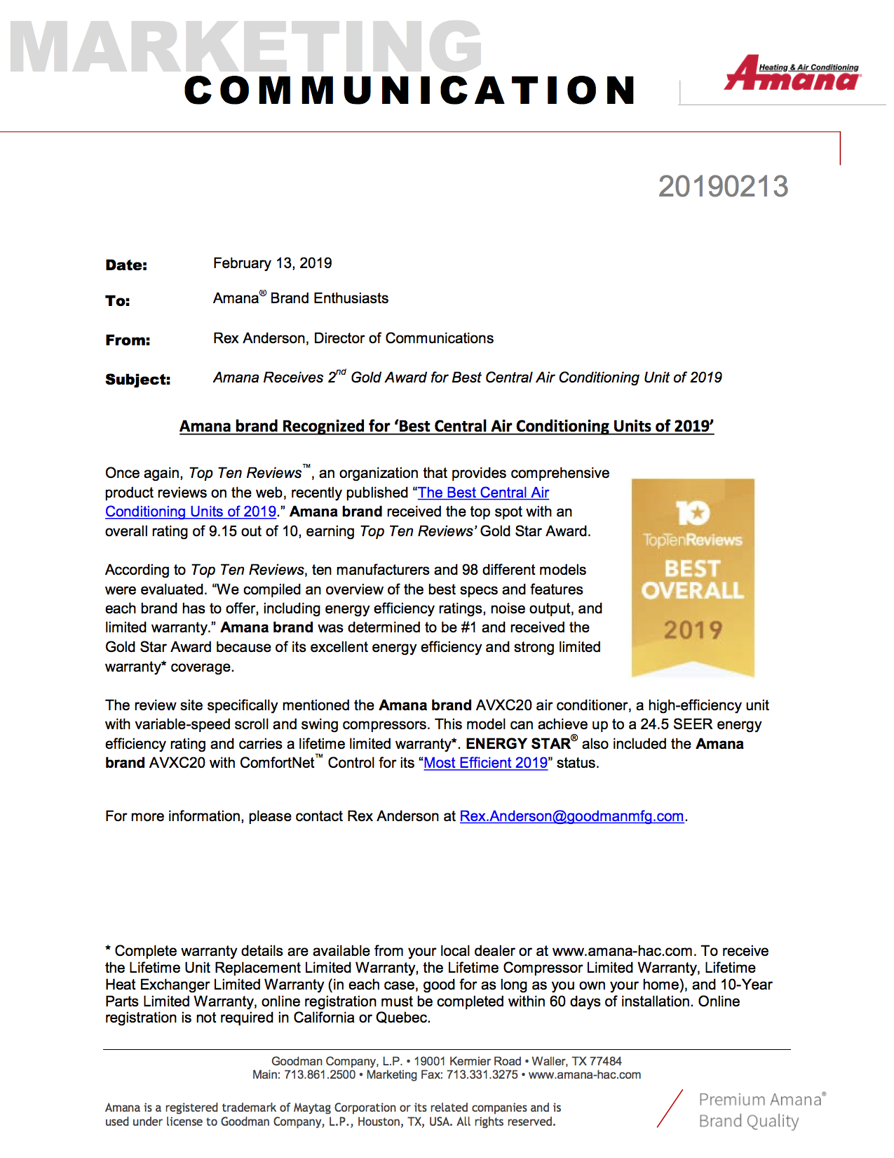 Amana Receives 2nd Gold Award for Best Central AC Unit of 2019