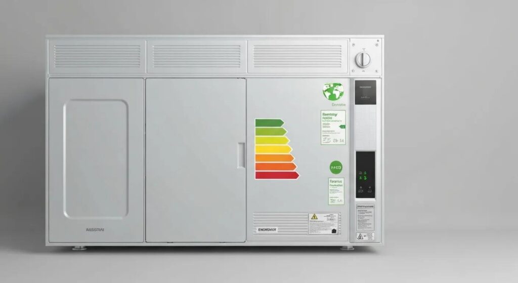 Modern furnace with energy-efficient labels, symbolizing savings on energy bills and environmental benefits