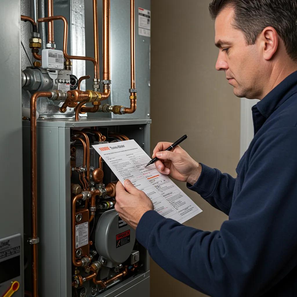 Technician inspecting furnace with a checklist, illustrating the comprehensive tune-up process